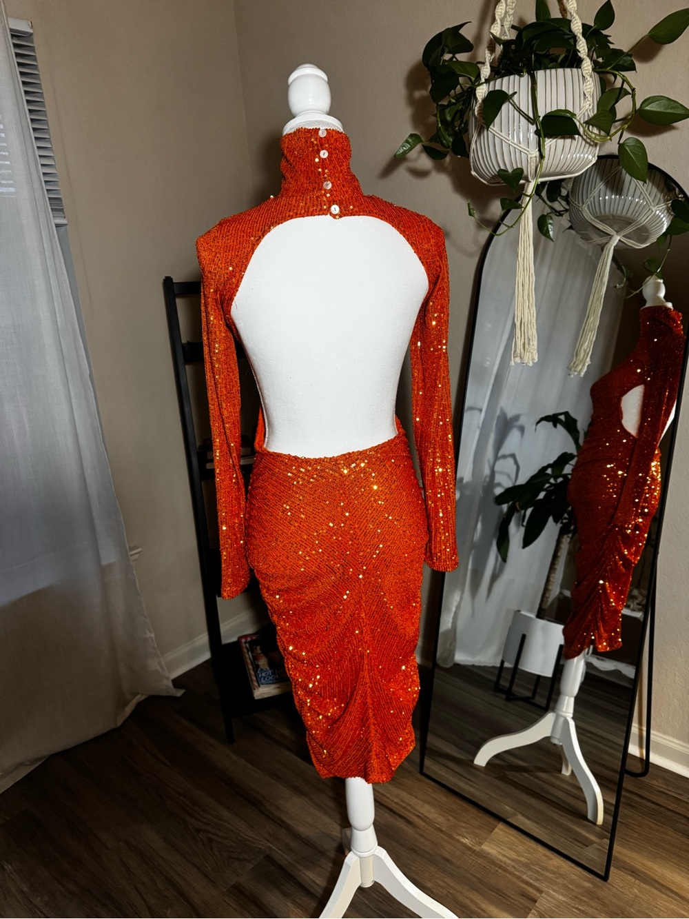 Sequin Turtleneck Bodycon Dress - Orange - Picture 2 of 2